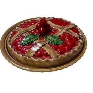 Vintage Lattice Cherry Pie Keeper Baking Dish w/ Lid Portugal Ceramic 12"